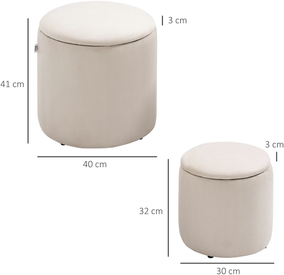 HOMCOM 2 vnt. sėdimųjų pufų komplektas su daiktadėže, osmanas, pėdų kėdutė, laikymo dėžė, nuimamas dangtis, velvetinis apmušalas, kreminės baltos spalvos, 40 x 40 x 41 cm