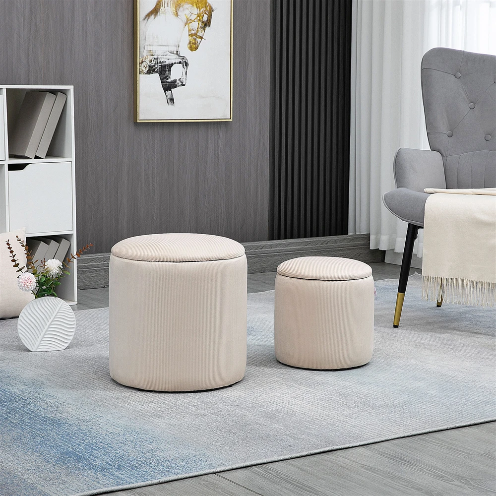 HOMCOM 2 vnt. sėdimųjų pufų komplektas su daiktadėže, osmanas, pėdų kėdutė, laikymo dėžė, nuimamas dangtis, velvetinis apmušalas, kreminės baltos spalvos, 40 x 40 x 41 cm