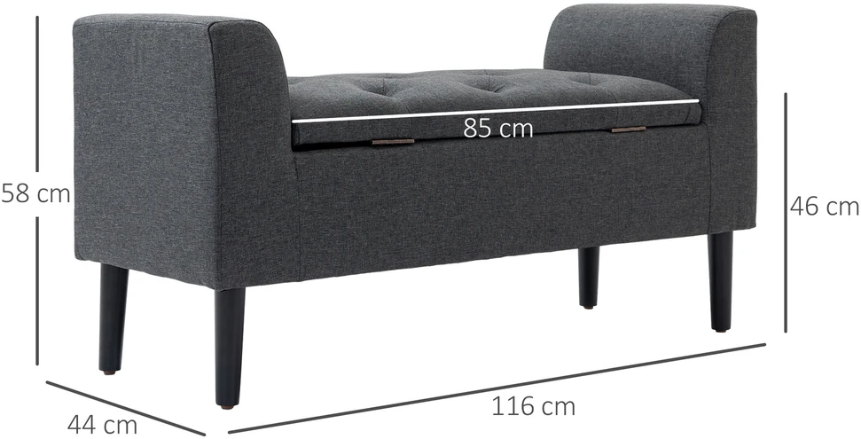 HOMCOM suoliukas su daiktadėže, minkštas suoliukas, sėdėjimo pufas, keliamoji galia iki 130 kg, liną primenantis audinys, kaučiukmedis, tamsiai pilkas, 116 x 44 x 58 cm