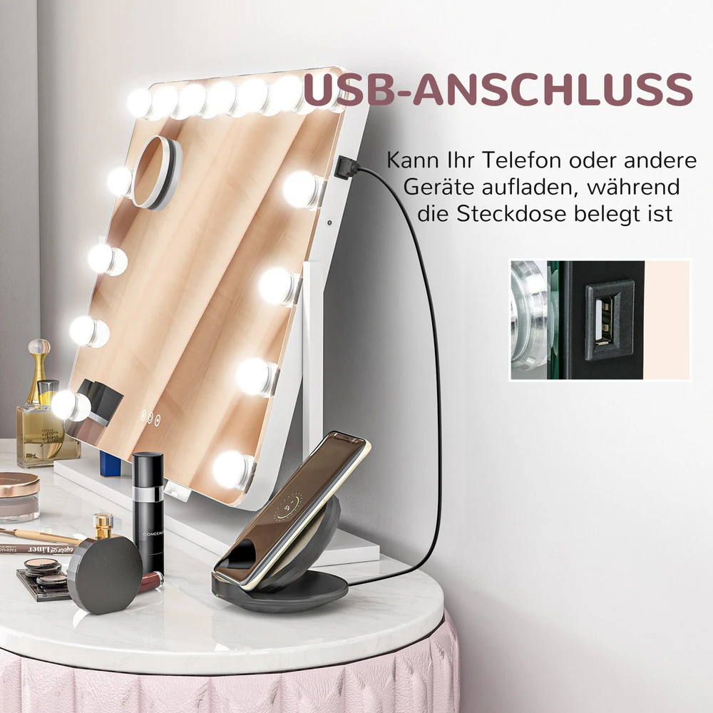 HOMCOM LED kosmetinis veidrodis, 3 šviesos režimai, reguliuojamas intensyvumas, jutiklinis valdymas, USB, 62,5 x 49,5 cm, baltas