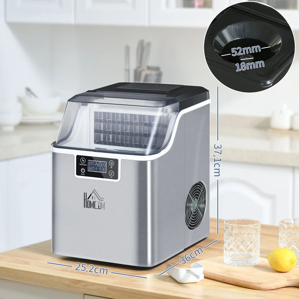 HOMCOM ledo kubelių gaminimo aparatas 20 kg/24h, 2,3 l talpos su 3,2 l vandens baku, savaiminio išsivalymo funkcija, nerūdijantis plienas, sidabrinė, 25,2 x 36 x 37,1 cm