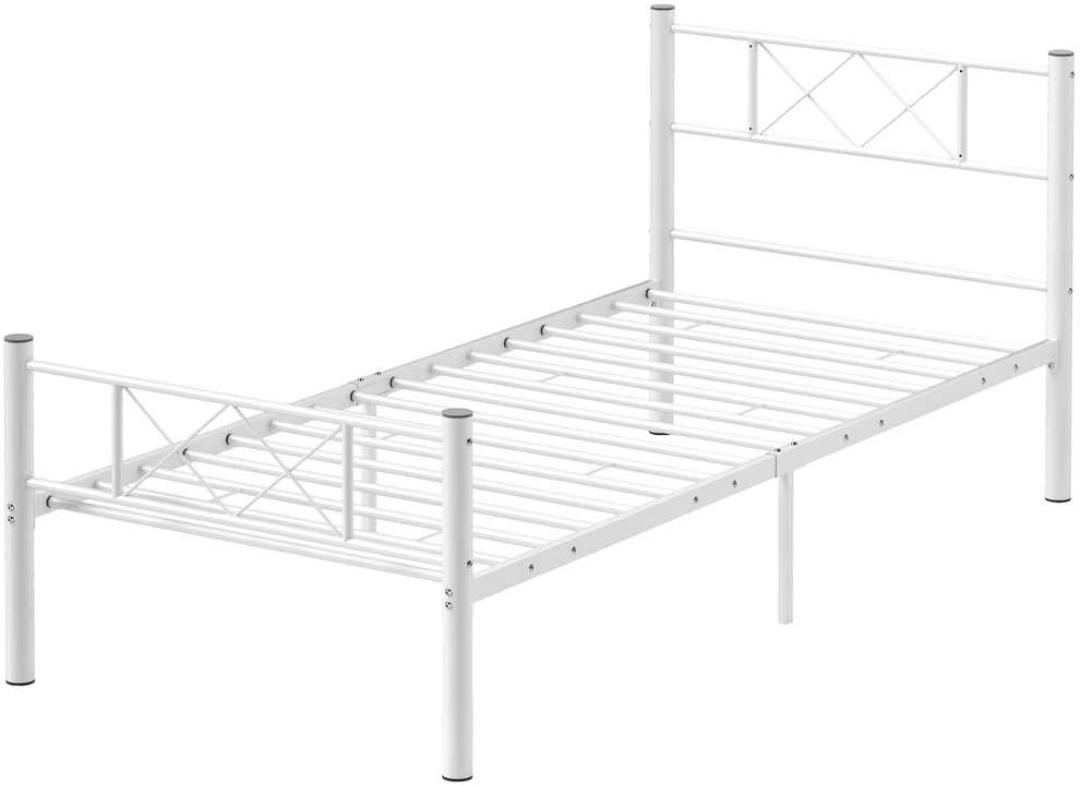 HOMCOM lovos rėmas 200 x 90 cm čiužiniui, 88 cm aukščio viengulės lovos rėmas iš plieno, miegamajam, svečių kambariui, baltas