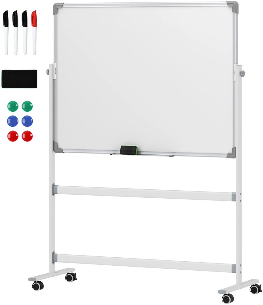 HOMCOM Magnetinė lenta 120 x 90 cm Dvipusė magnetinė lenta su stovu, ratukais, 6 žymekliais ir 1 trintuku, 360° pasukama, 3 pakopų reguliuojama magnetinė lenta biurui, namams