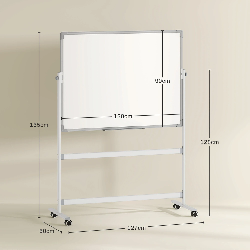 HOMCOM Magnetinė lenta 120 x 90 cm Dvipusė magnetinė lenta su stovu, ratukais, 6 žymekliais ir 1 trintuku, 360° pasukama, 3 pakopų reguliuojama magnetinė lenta biurui, namams