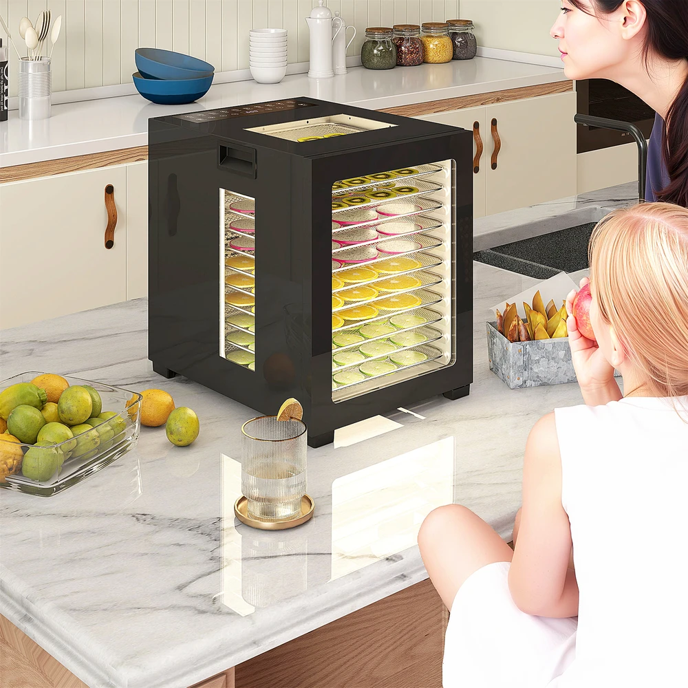 HOMCOM Džiovintuvas, 850 W, 40–70 °C temperatūros reguliatorius, 48 valandų laikmatis, 12 nerūdijančio plieno padėklų, juodas