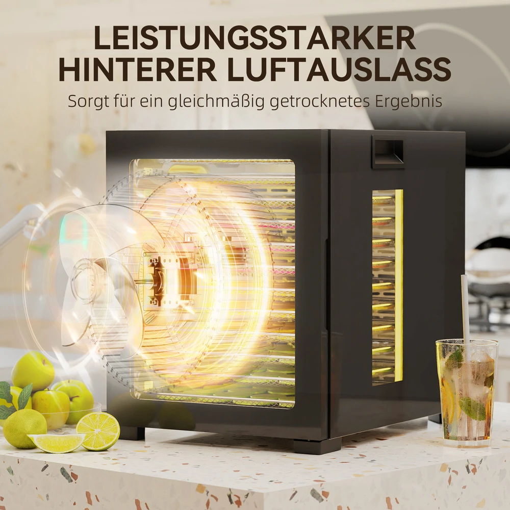 HOMCOM Džiovintuvas, 850 W, 40–70 °C temperatūros reguliatorius, 48 valandų laikmatis, 12 nerūdijančio plieno padėklų, juodas