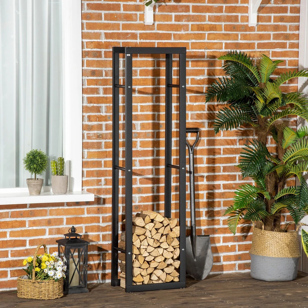 HOMCOM Malkų stelažas Židinio malkų stelažas Židinio malkų stovas Židinio malkų laikiklis 100 kg Plienas Juodas L40 x W25 x H150 cm