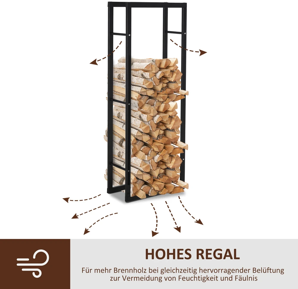 HOMCOM Malkų stelažas Židinio malkų stelažas Židinio malkų stovas Židinio malkų laikiklis 100 kg Plienas Juodas L40 x W25 x H150 cm
