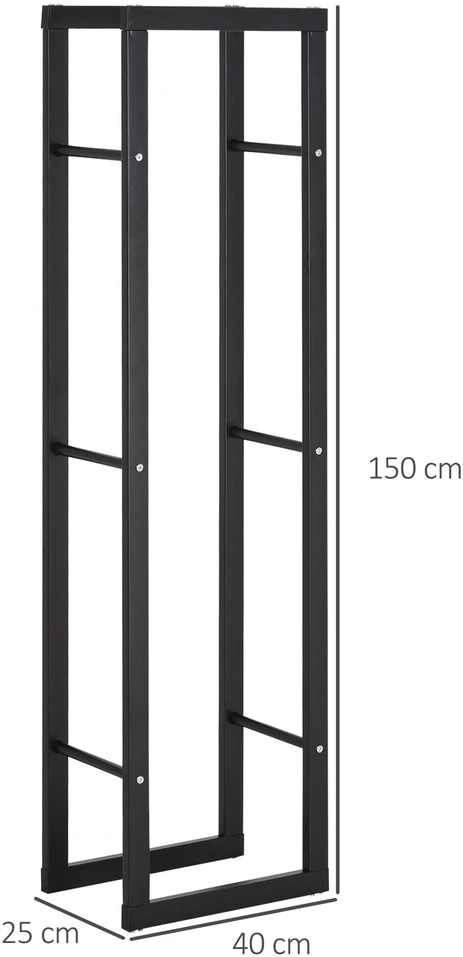 HOMCOM Malkų stelažas Židinio malkų stelažas Židinio malkų stovas Židinio malkų laikiklis 100 kg Plienas Juodas L40 x W25 x H150 cm