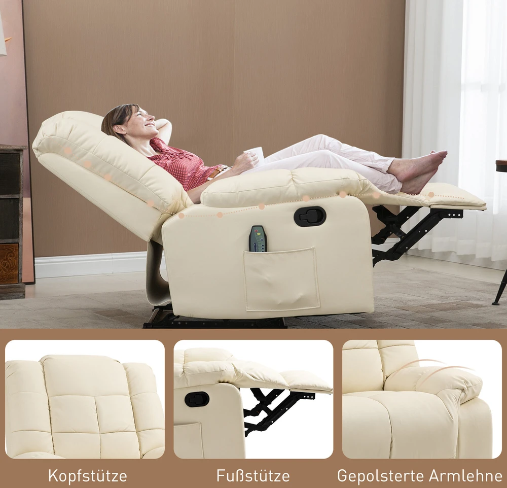 HOMCOM masažinis fotelis, televizoriaus fotelis, elektrinis poilsio fotelis su masažo funkcija, dirbtinė oda, medis, plienas, putplastis, kreminė balta, 94 x 99 x 99 cm