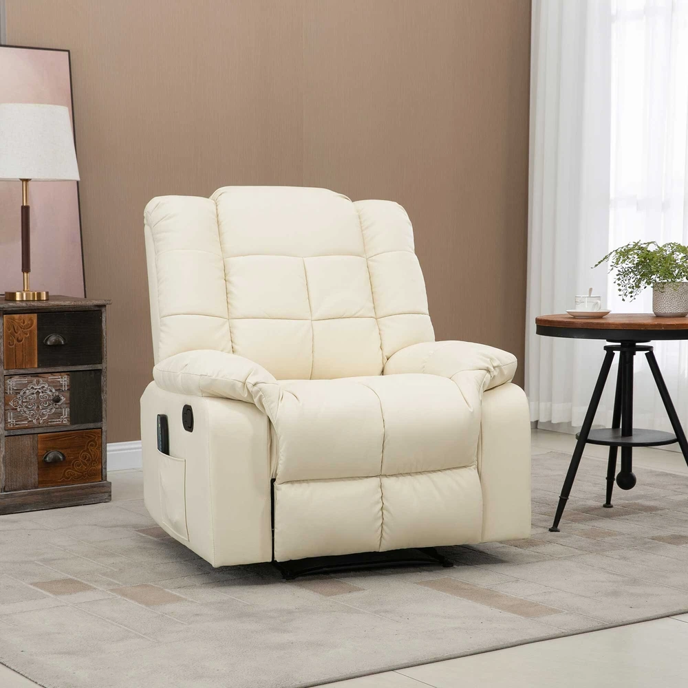 HOMCOM masažinis fotelis, televizoriaus fotelis, elektrinis poilsio fotelis su masažo funkcija, dirbtinė oda, medis, plienas, putplastis, kreminė balta, 94 x 99 x 99 cm