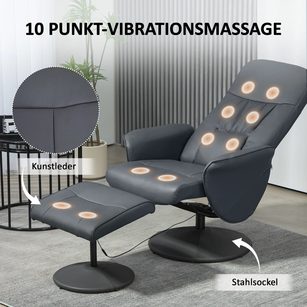 "HOMCOM Relax" fotelis su pakoja, elektrinis masažinis fotelis su atsilenkimo funkcija, 10 masažo taškų, pasukamas TV fotelis su šonine kišene, nuotolinio valdymo pultelis, odos imitacija, tamsiai pilkos spalvos