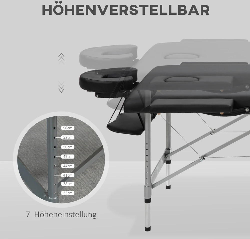 Sulankstoma masažo lova HOMCOM, profesionalus 7 zonų masažo stalas, reguliuojamo aukščio, išlaikantis iki 130 kg svorį, idealiai tinka SPA ir salonams, juoda