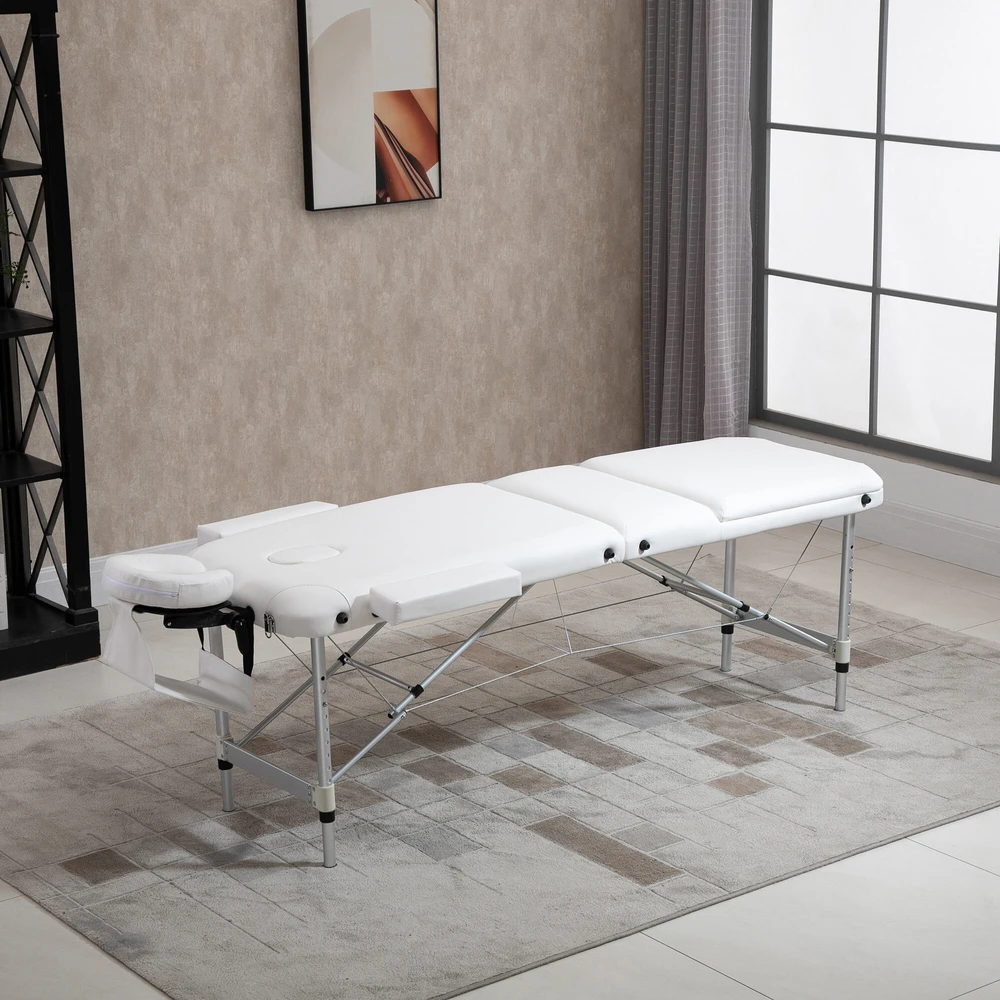 HOMCOM sulankstoma masažo lova, reguliuojamo aukščio, su galvos atrama, skirta salonui, SPA, plastikas, aliuminis, balta, 215 x 60 x 61-84 cm