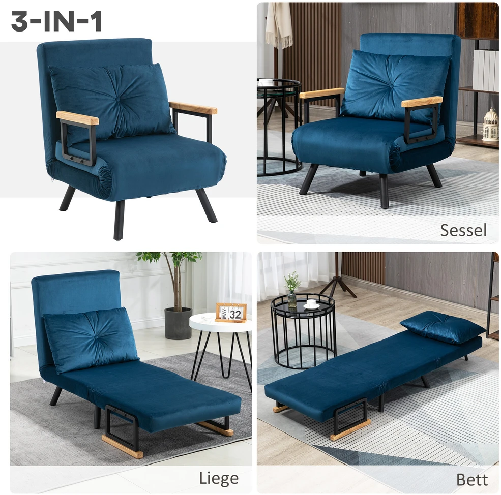 Fotelis HOMCOM išskleidžiama sofa-lova, poilsio kėdė su lovos funkcija, svečių lova, aksominė, reguliuojamas atlošas, mėlyna, 63x73x81 cm