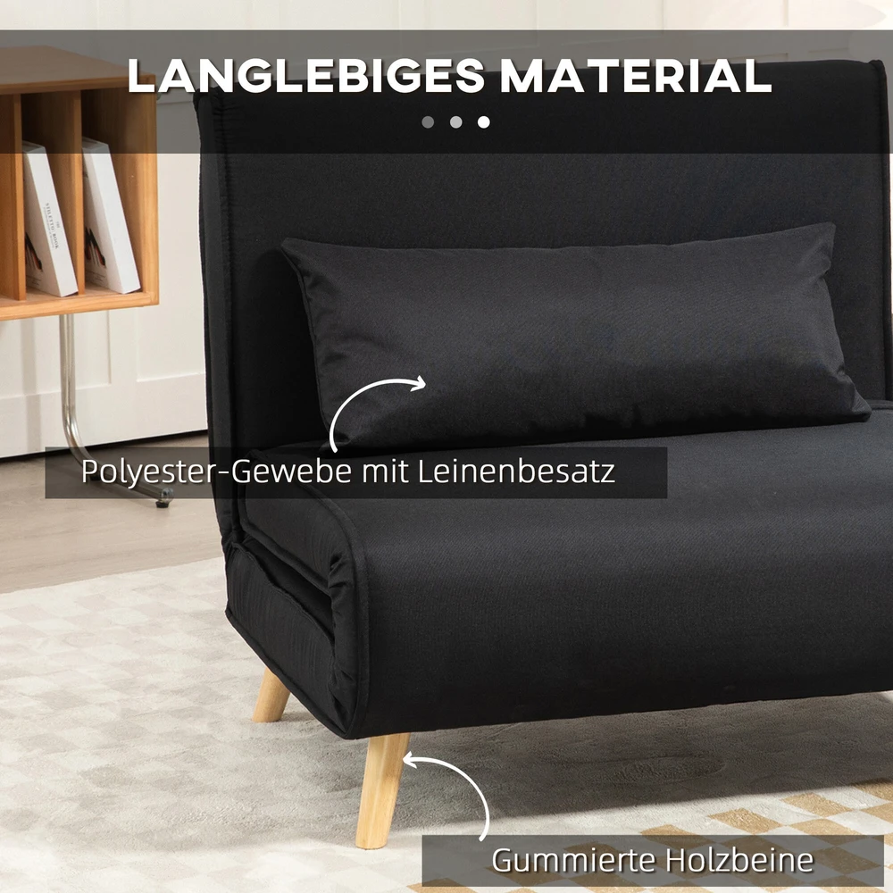 HOMCOM miegamasis fotelis, 2 viename išskleidžiama sofa su lovos funkcija, dekoratyvinė pagalvėlė, sulankstomas fotelis su reguliuojamu atlošu, lino išvaizda, poilsio fotelis iki 350 kg svetainei, juodas | Aosom