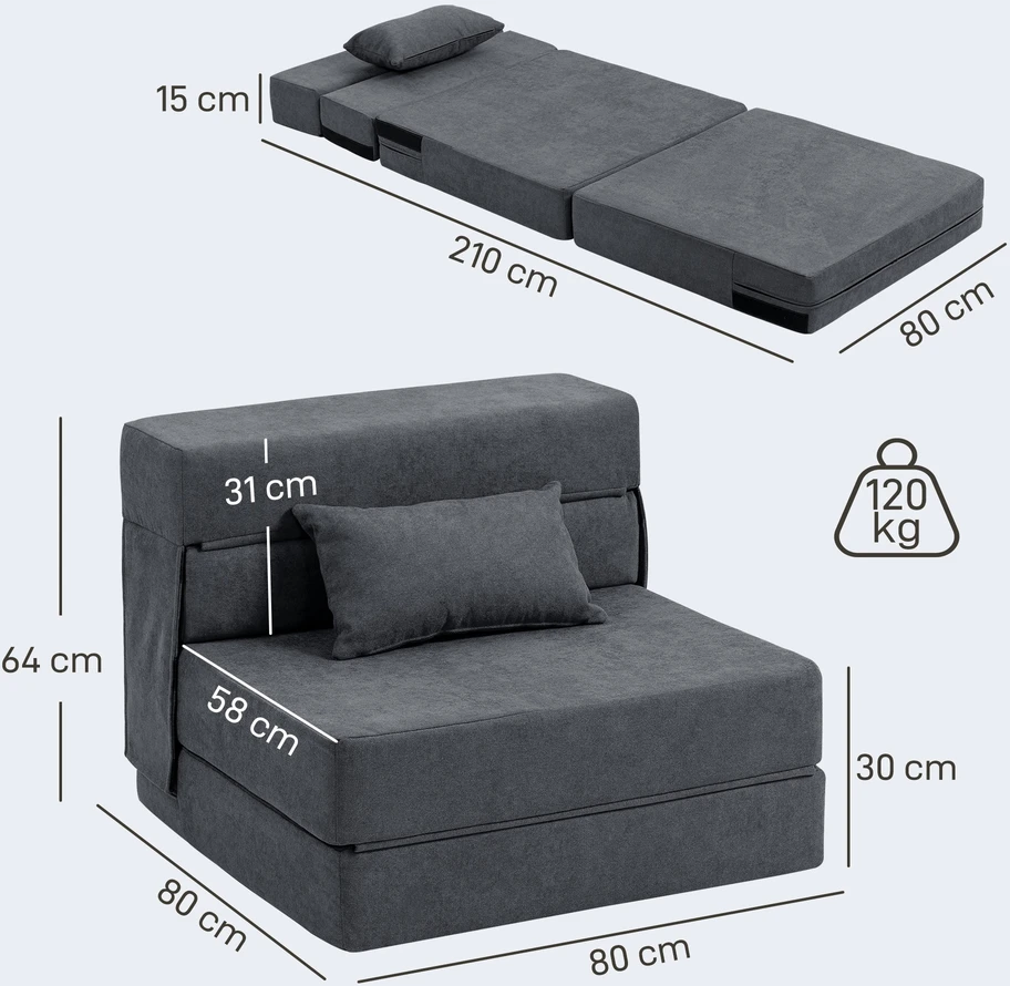 HOMCOM 3-in-1 išskleidžiamas fotelis, sulankstoma sofa-lova su miegojimo funkcija, juosmens pagalvė, flanelės stiliaus poilsio fotelis, šezlongas svetainei, tamsiai pilkas