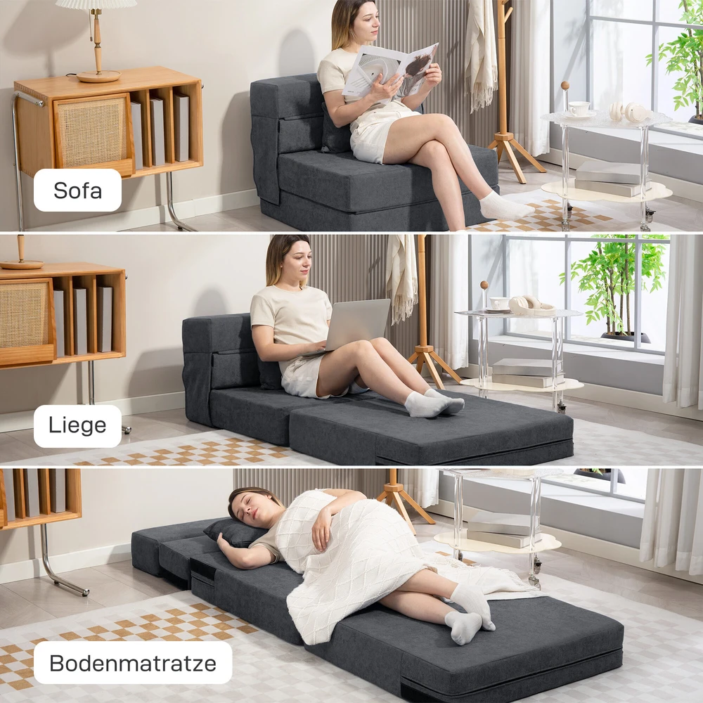 HOMCOM 3-in-1 išskleidžiamas fotelis, sulankstoma sofa-lova su miegojimo funkcija, juosmens pagalvė, flanelės stiliaus poilsio fotelis, šezlongas svetainei, tamsiai pilkas