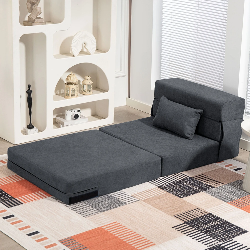 HOMCOM 3-in-1 išskleidžiamas fotelis, sulankstoma sofa-lova su miegojimo funkcija, juosmens pagalvė, flanelės stiliaus poilsio fotelis, šezlongas svetainei, tamsiai pilkas