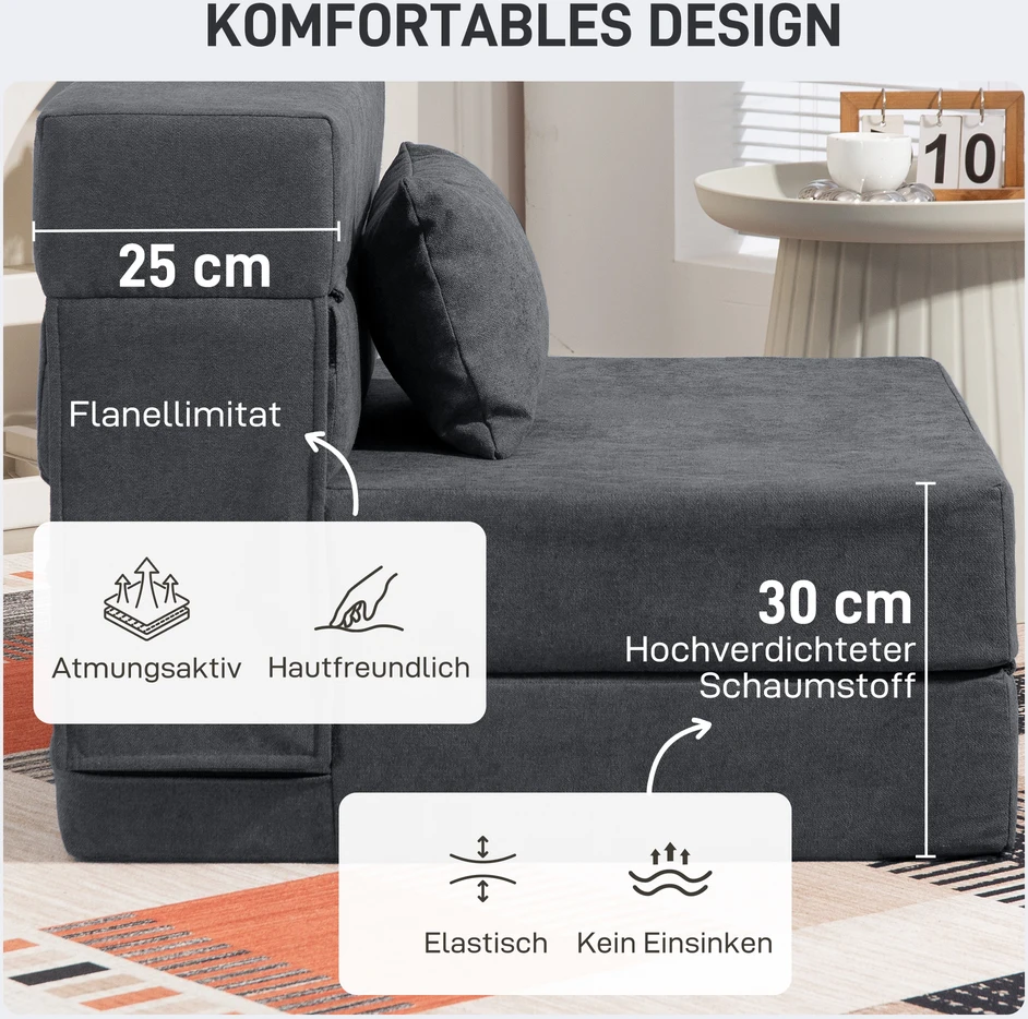 HOMCOM 3-in-1 išskleidžiamas fotelis, sulankstoma sofa-lova su miegojimo funkcija, juosmens pagalvė, flanelės stiliaus poilsio fotelis, šezlongas svetainei, tamsiai pilkas