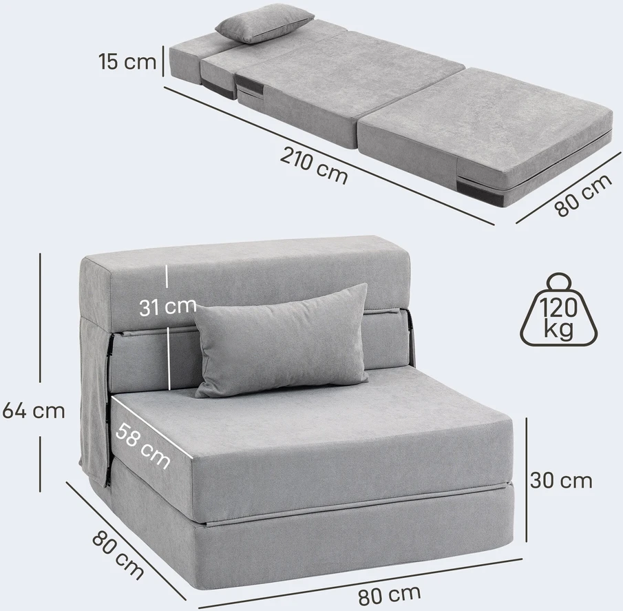 HOMCOM 3-in-1 išskleidžiamas fotelis-lova, sulankstoma sofa-lova su miegojimo funkcija, juosmens pagalvė, flanelinės išvaizdos poilsio fotelis, šezlongas svetainei, šviesiai pilkas