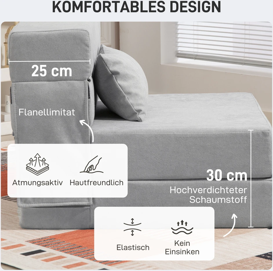 HOMCOM 3-in-1 išskleidžiamas fotelis-lova, sulankstoma sofa-lova su miegojimo funkcija, juosmens pagalvė, flanelinės išvaizdos poilsio fotelis, šezlongas svetainei, šviesiai pilkas