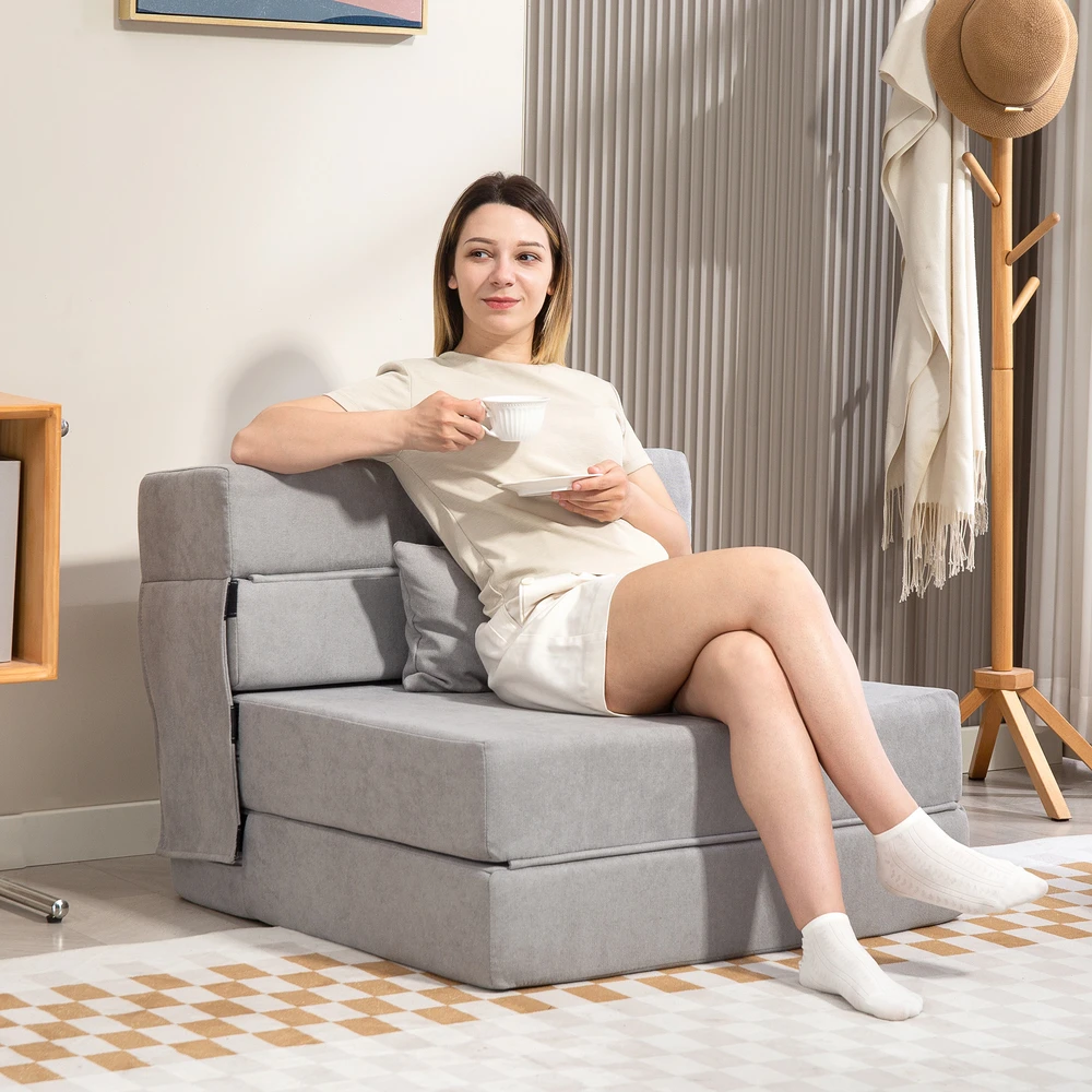 HOMCOM 3-in-1 išskleidžiamas fotelis-lova, sulankstoma sofa-lova su miegojimo funkcija, juosmens pagalvė, flanelinės išvaizdos poilsio fotelis, šezlongas svetainei, šviesiai pilkas