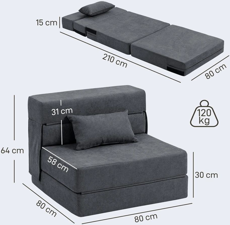 HOMCOM 3-in-1 išskleidžiamas fotelis, sulankstoma sofa-lova su miegojimo funkcija, juosmens pagalvė, flanelės stiliaus poilsio fotelis, šezlongas svetainei, tamsiai pilkas