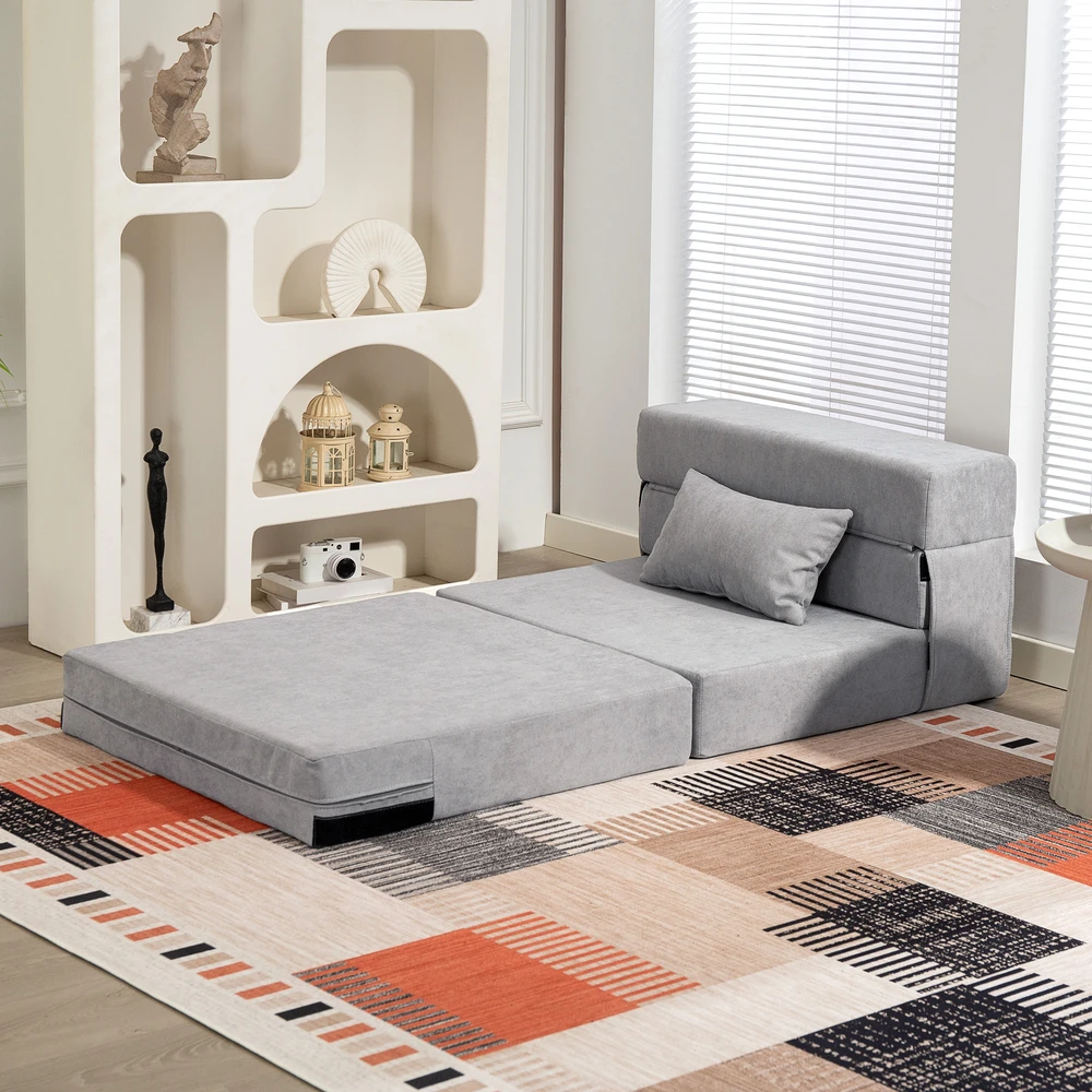 HOMCOM 3-in-1 išskleidžiamas fotelis-lova, sulankstoma sofa-lova su miegojimo funkcija, juosmens pagalvė, flanelinės išvaizdos poilsio fotelis, šezlongas svetainei, šviesiai pilkas