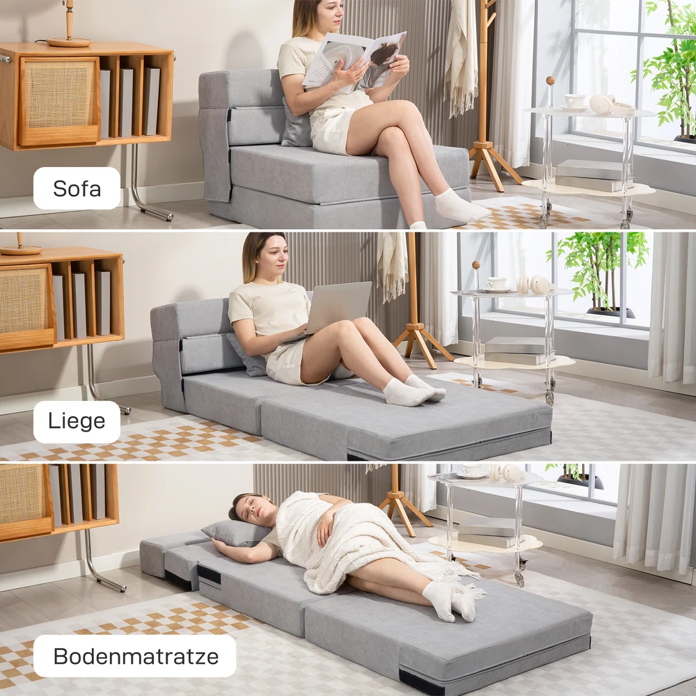 HOMCOM 3-in-1 išskleidžiamas fotelis-lova, sulankstoma sofa-lova su miegojimo funkcija, juosmens pagalvė, flanelinės išvaizdos poilsio fotelis, šezlongas svetainei, šviesiai pilkas