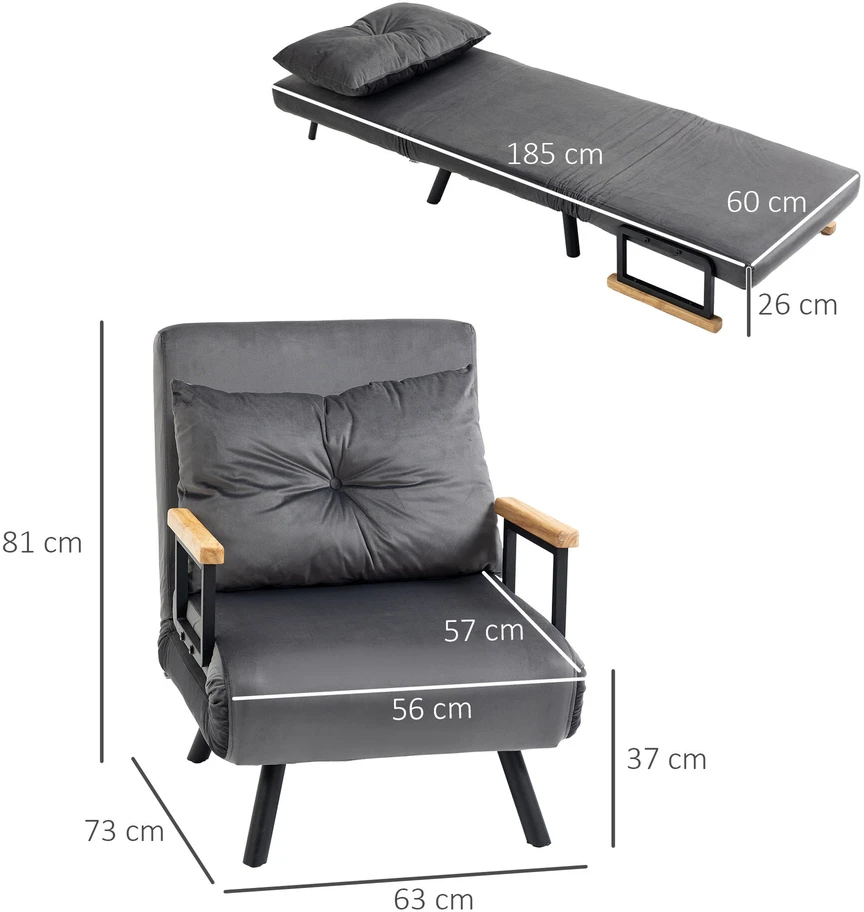 HOMCOM išskleidžiamas fotelis, viengubas sofa-lova su miegamąja funkcija, reguliuojamas poilsio fotelis, aksominė išvaizda, tamsiai pilka