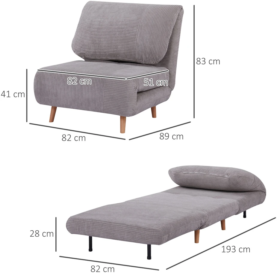 HOMCOM 2-in-1 išskleidžiama sofa-lova, reguliuojamas fotelis-lova, svečių lova, kordelio stiliaus, skirta miegamajam ir svetainei, poliesteris, šviesiai pilka