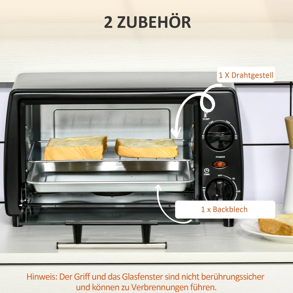 Elektrinė krosnelė HOMCOM mini orkaitė 10 litrų 750W maža elektrinė orkaitė su temperatūra iki 230 ℃, 60 minučių laikmatis, kepimo skarda ir grotelės 36,5x26x22 cm juoda