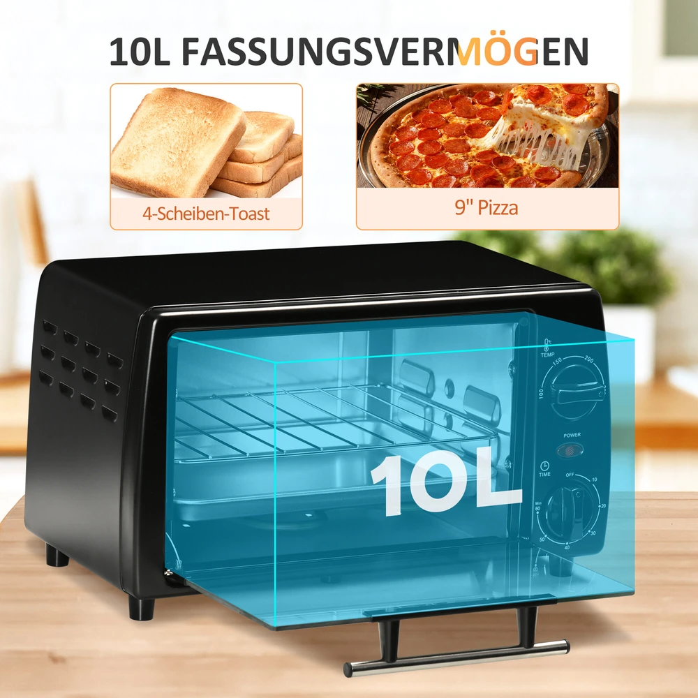 Elektrinė krosnelė HOMCOM mini orkaitė 10 litrų 750W maža elektrinė orkaitė su temperatūra iki 230 ℃, 60 minučių laikmatis, kepimo skarda ir grotelės 36,5x26x22 cm juoda