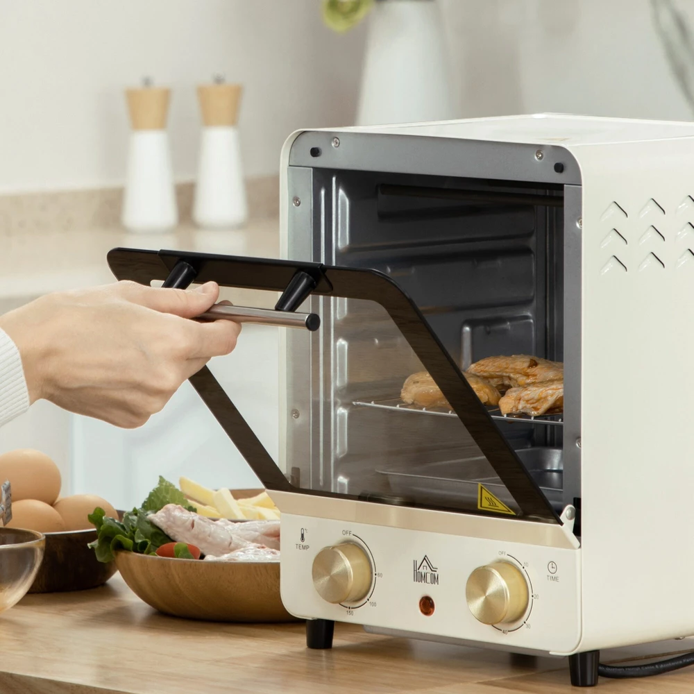 Gruzdintuvė HOMCOM mini orkaitė 15 l, picos orkaitė su konvekcija, 1000 W elektrinė mini orkaitė su kepimo skardų rinkiniu, padėklu trupiniams, 1 val. laikmačiu, 60–230 ℃, kreminė balta
