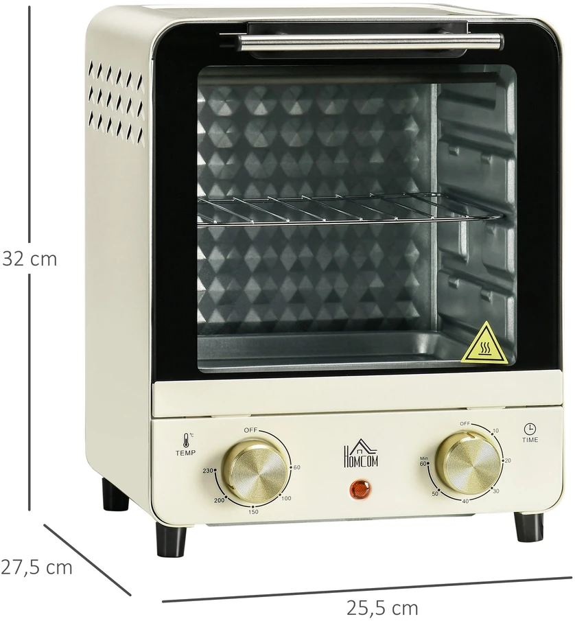 Gruzdintuvė HOMCOM mini orkaitė 15 l, picos orkaitė su konvekcija, 1000 W elektrinė mini orkaitė su kepimo skardų rinkiniu, padėklu trupiniams, 1 val. laikmačiu, 60–230 ℃, kreminė balta