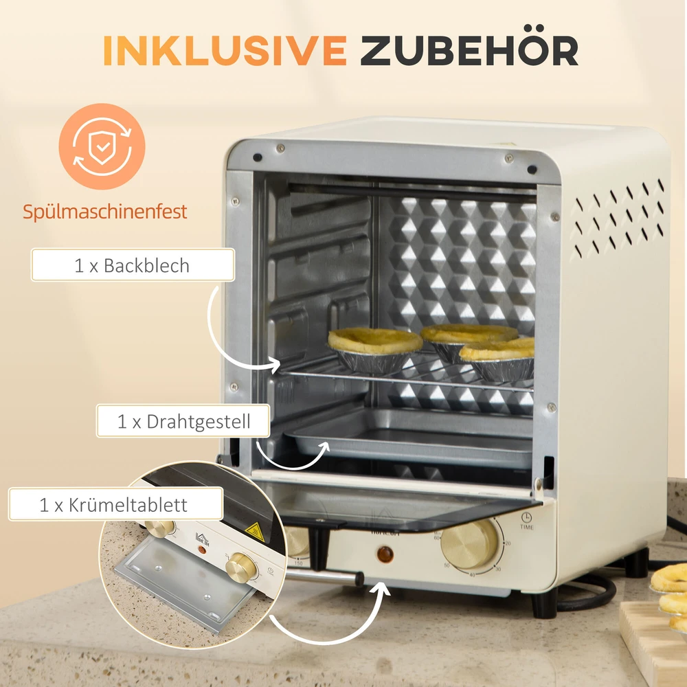 Gruzdintuvė HOMCOM mini orkaitė 15 l, picos orkaitė su konvekcija, 1000 W elektrinė mini orkaitė su kepimo skardų rinkiniu, padėklu trupiniams, 1 val. laikmačiu, 60–230 ℃, kreminė balta