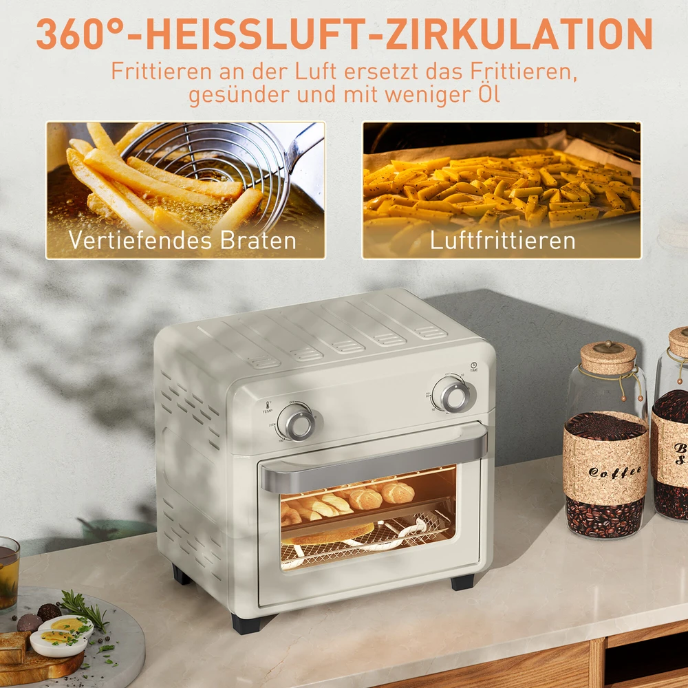 HOMCOM mini orkaitė su konvekcija 10 l, 2 viename mini orkaitė su grotelėmis, kepimo skarda ir padėklu trupiniams, 80–230 °C karšto oro gruzdintuvė su jutikliniu ekranu, laikmačiu, vidaus apšvietimu, 1000 W, nerūdijantis plienas