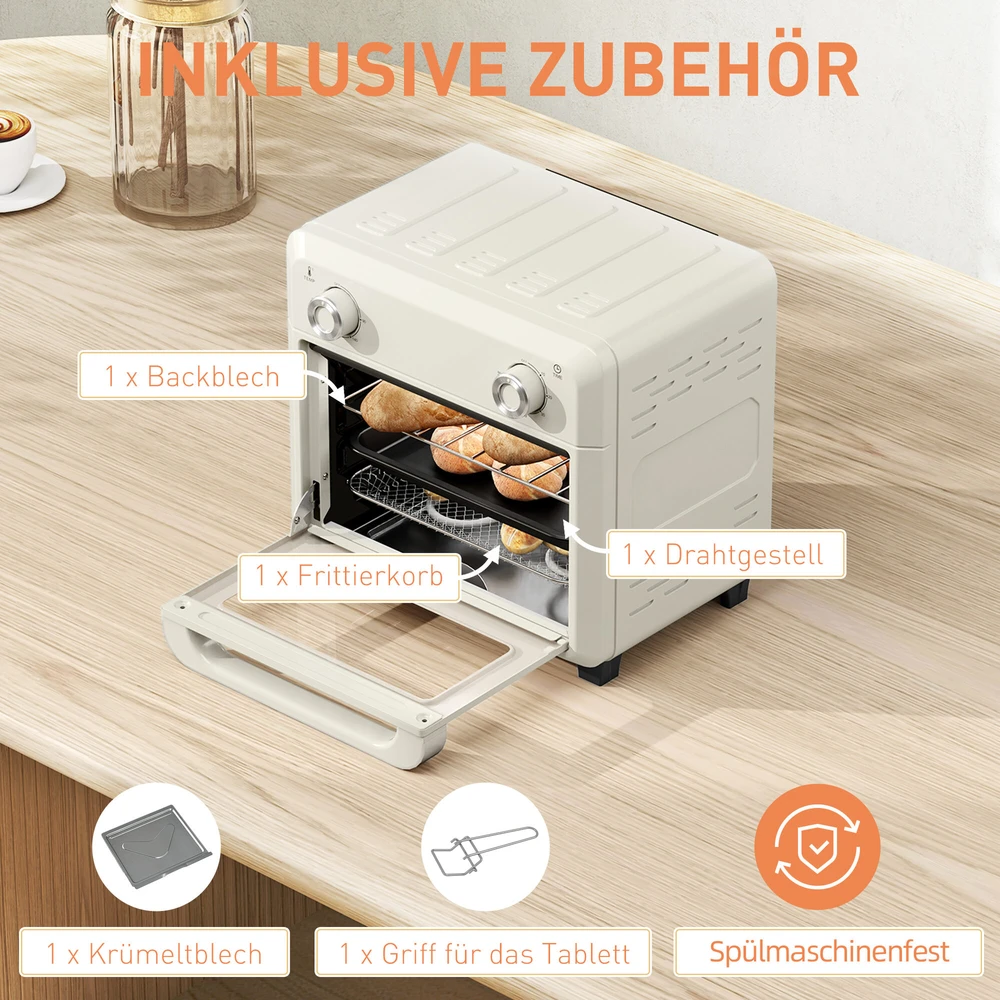 HOMCOM mini orkaitė su konvekcija 10 l, 2 viename mini orkaitė su grotelėmis, kepimo skarda ir padėklu trupiniams, 80–230 °C karšto oro gruzdintuvė su jutikliniu ekranu, laikmačiu, vidaus apšvietimu, 1000 W, nerūdijantis plienas