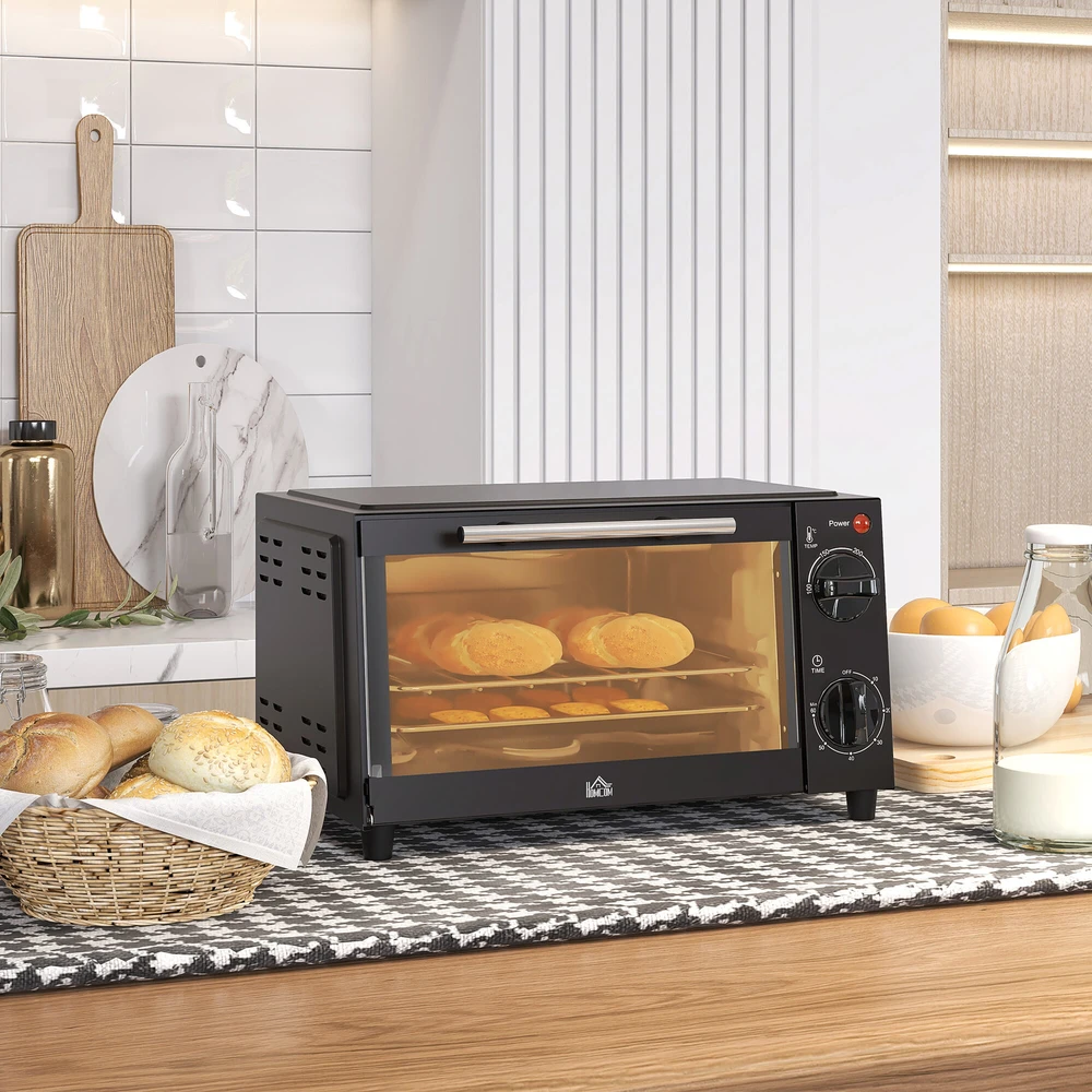 Elektrinė krosnelė HOMCOM mini orkaitė 9L, su kepimo skarda, grotelėmis, 100 °C-230 °C, reguliuojama temperatūra ir kepimo laikas, 60 min. laikmatis, 750 W, nerūdijantis plienas, juoda