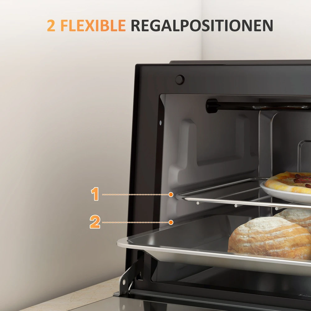 Elektrinė krosnelė HOMCOM mini orkaitė 9L, su kepimo skarda, grotelėmis, 100 °C-230 °C, reguliuojama temperatūra ir kepimo laikas, 60 min. laikmatis, 750 W, nerūdijantis plienas, juoda