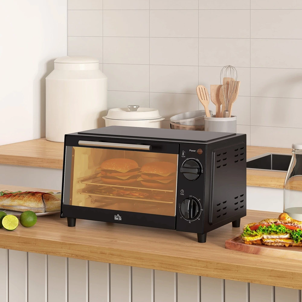 Elektrinė krosnelė HOMCOM mini orkaitė 9L, su kepimo skarda, grotelėmis, 100 °C-230 °C, reguliuojama temperatūra ir kepimo laikas, 60 min. laikmatis, 750 W, nerūdijantis plienas, juoda