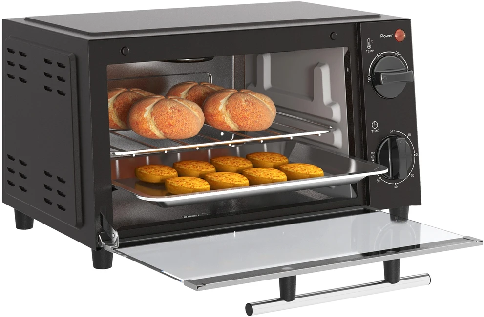 Elektrinė krosnelė HOMCOM mini orkaitė 9L, su kepimo skarda, grotelėmis, 100 °C-230 °C, reguliuojama temperatūra ir kepimo laikas, 60 min. laikmatis, 750 W, nerūdijantis plienas, juoda