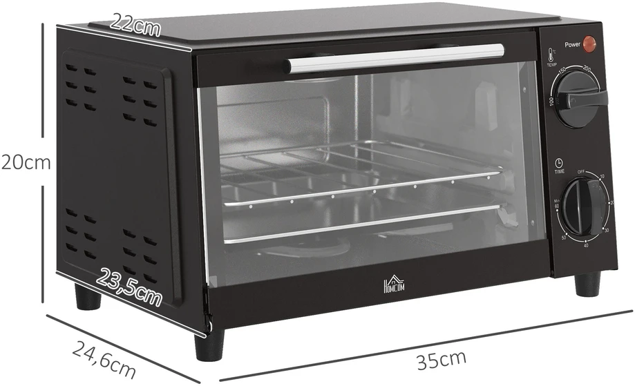 Elektrinė krosnelė HOMCOM mini orkaitė 9L, su kepimo skarda, grotelėmis, 100 °C-230 °C, reguliuojama temperatūra ir kepimo laikas, 60 min. laikmatis, 750 W, nerūdijantis plienas, juoda