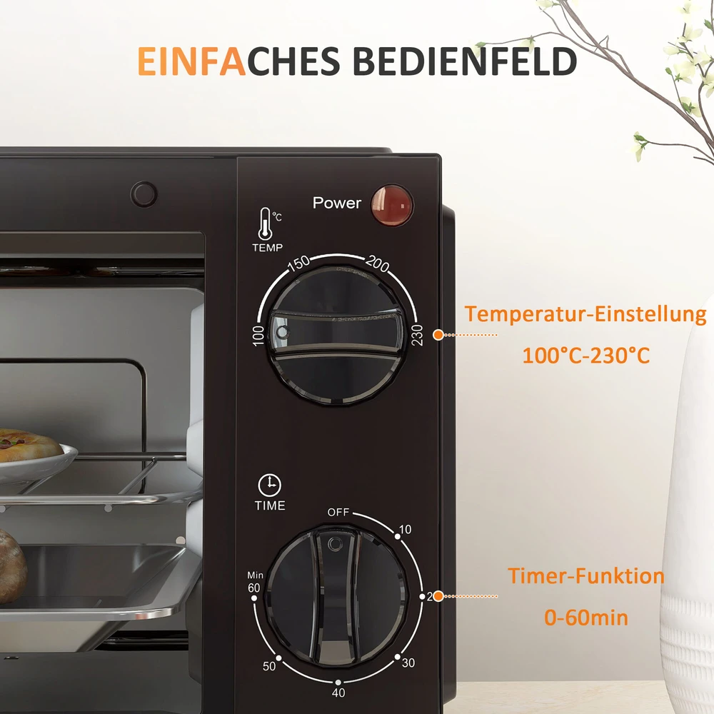 Elektrinė krosnelė HOMCOM mini orkaitė 9L, su kepimo skarda, grotelėmis, 100 °C-230 °C, reguliuojama temperatūra ir kepimo laikas, 60 min. laikmatis, 750 W, nerūdijantis plienas, juoda