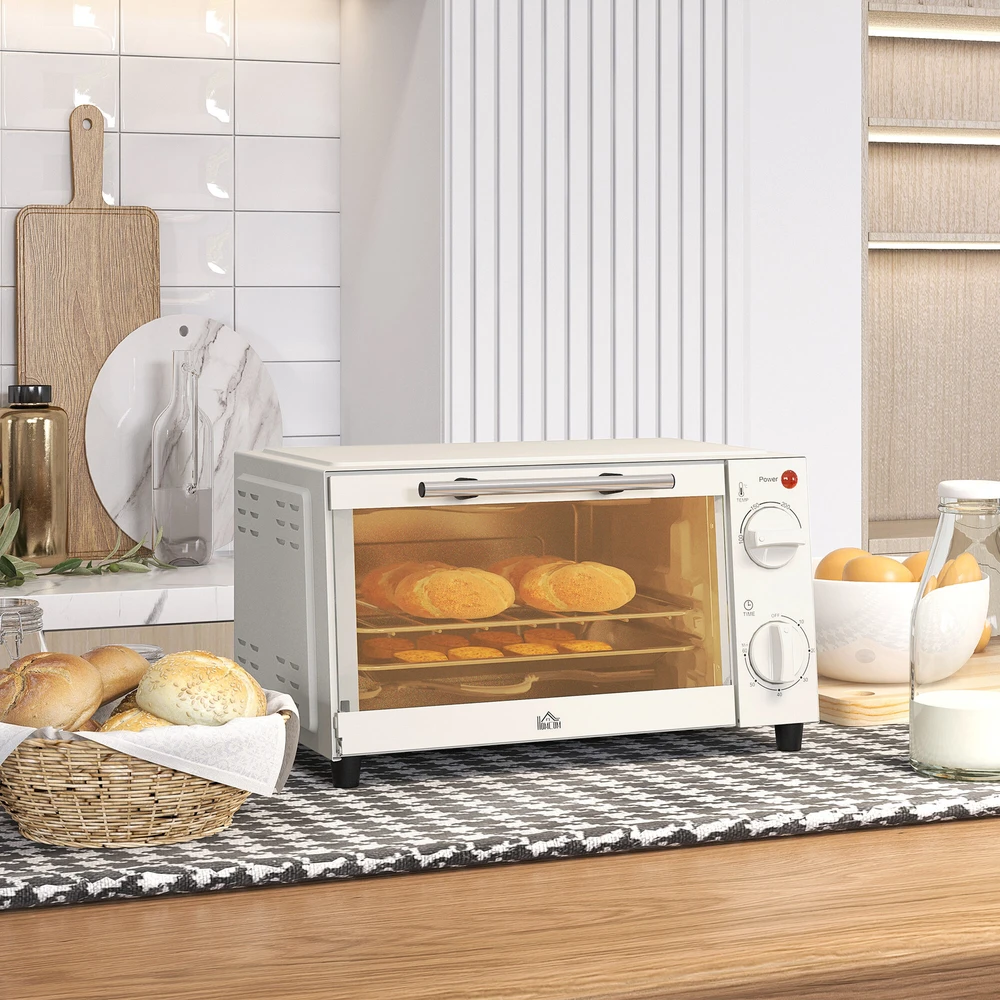 Elektrinė krosnelė HOMCOM mini orkaitė 9L, su kepimo skarda, grotelėmis, 100 °C-230 °C, reguliuojama temperatūra ir gaminimo laikas, 60 min. laikmatis, 750W, nerūdijantis plienas, kreminė balta