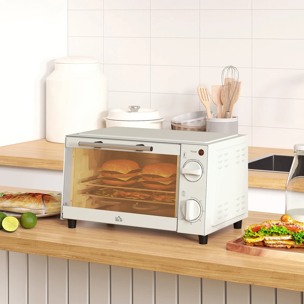Elektrinė krosnelė HOMCOM mini orkaitė 9L, su kepimo skarda, grotelėmis, 100 °C-230 °C, reguliuojama temperatūra ir gaminimo laikas, 60 min. laikmatis, 750W, nerūdijantis plienas, kreminė balta