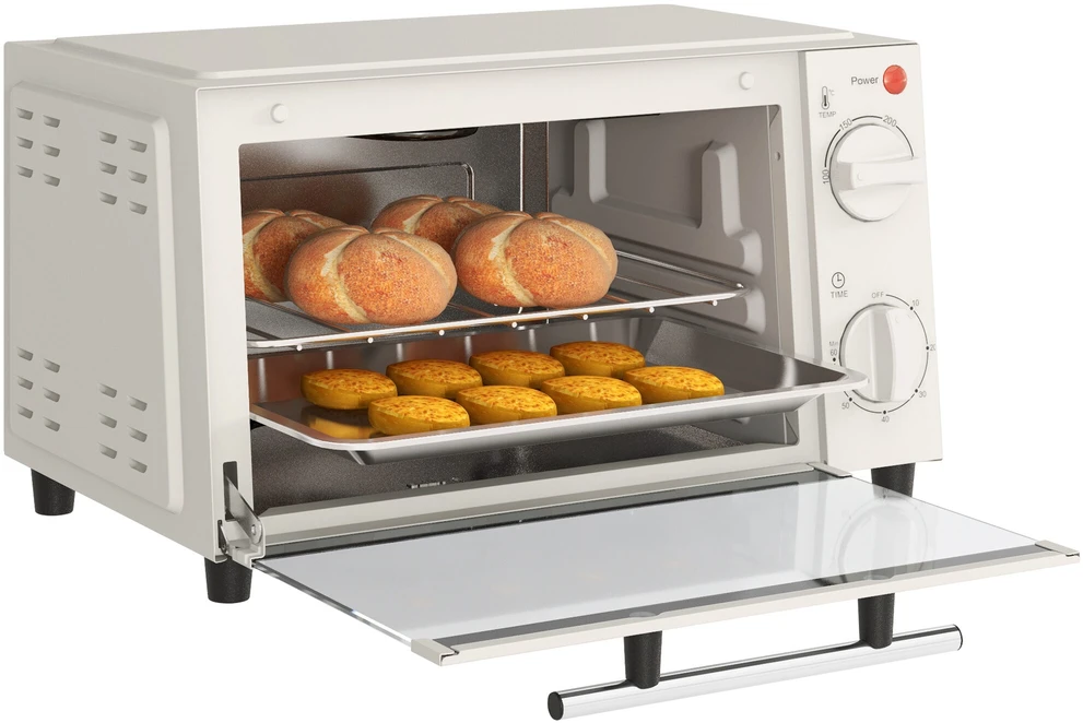 Elektrinė krosnelė HOMCOM mini orkaitė 9L, su kepimo skarda, grotelėmis, 100 °C-230 °C, reguliuojama temperatūra ir gaminimo laikas, 60 min. laikmatis, 750W, nerūdijantis plienas, kreminė balta