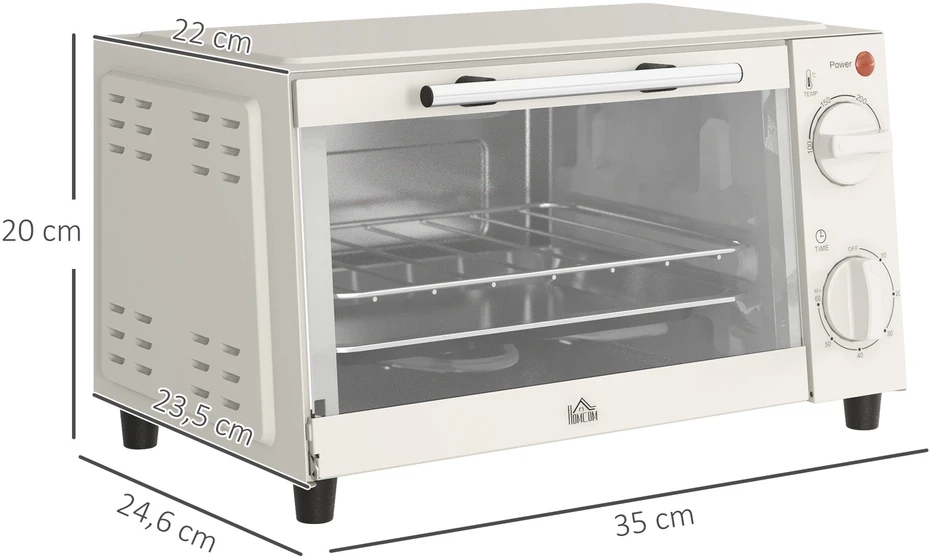 Elektrinė krosnelė HOMCOM mini orkaitė 9L, su kepimo skarda, grotelėmis, 100 °C-230 °C, reguliuojama temperatūra ir gaminimo laikas, 60 min. laikmatis, 750W, nerūdijantis plienas, kreminė balta