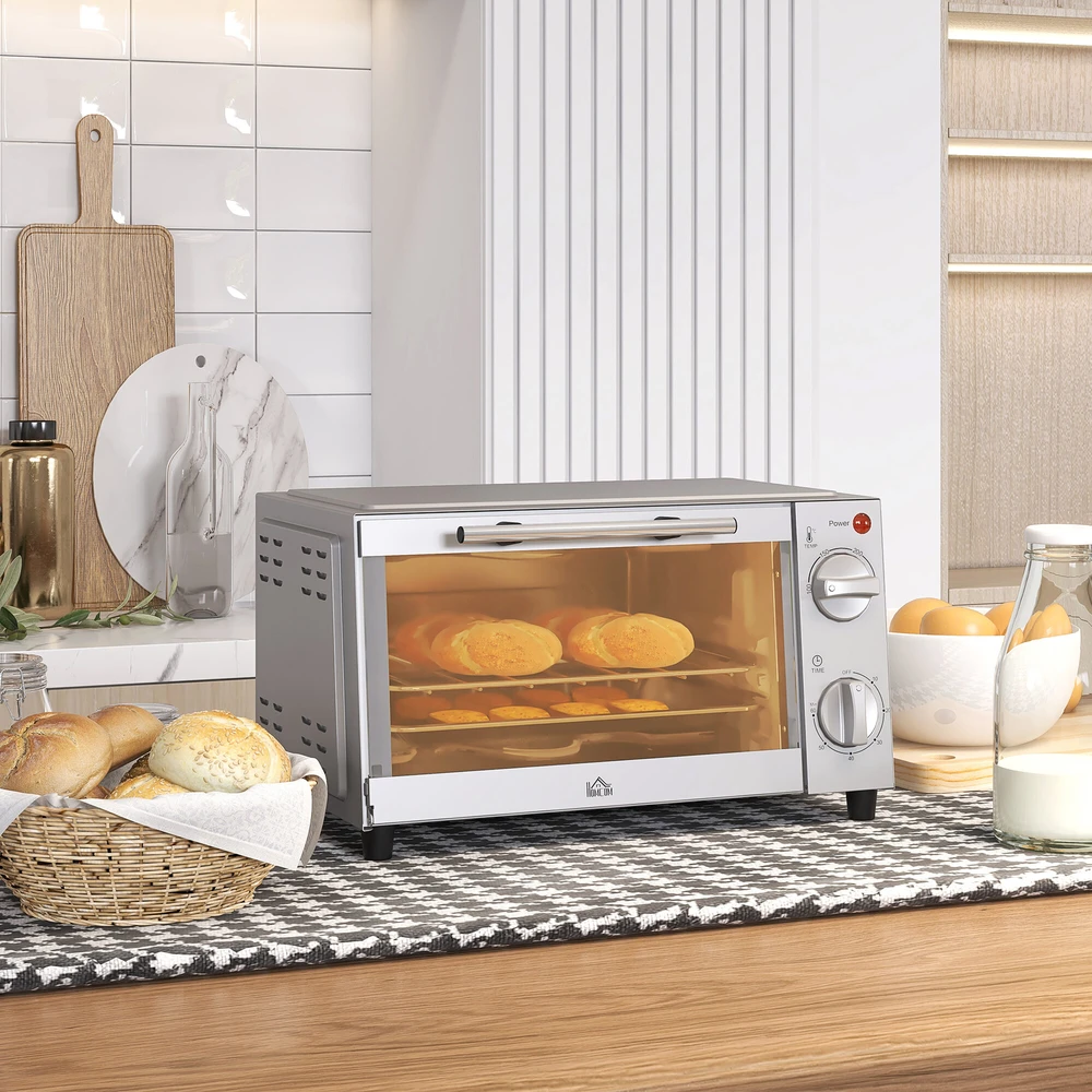 Elektrinė krosnelė HOMCOM 9L mini orkaitė su kepimo skarda, grotelėmis, 100 °C–230 °C, su reguliuojama temperatūra ir kepimo laiku, 60 min. laikmačiu, 750 W, nerūdijantis plienas, sidabrinė